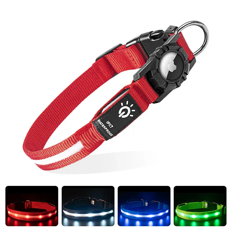 Red adjustable LED dog collar with waterproof nylon material and reflective light-up strip