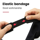 Close-up of hands stretching a black elastic band, showing soft fabric and adjustable fit.