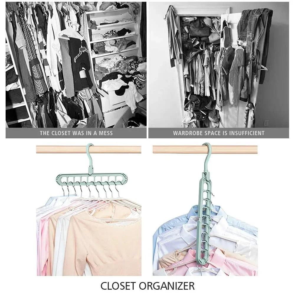 Closet organizer hanger holding pastel and white tops, showing space-saving clothing storage