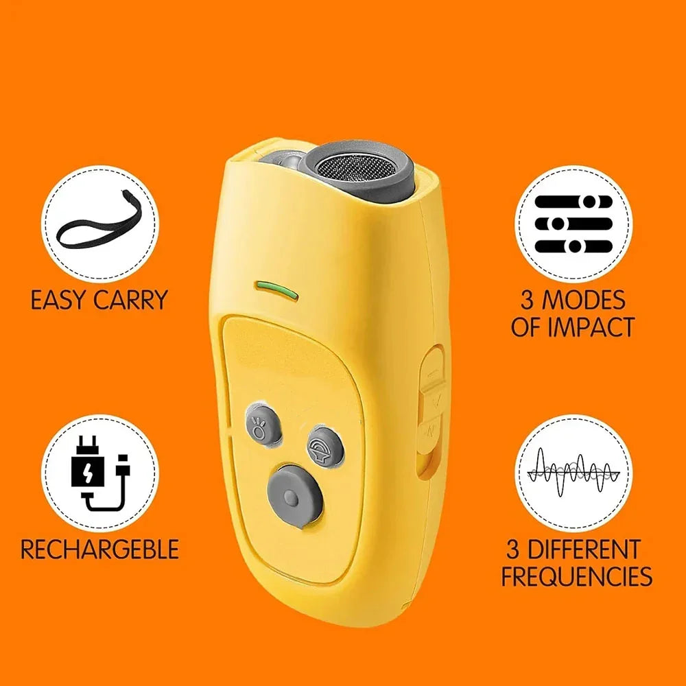 Yellow rechargeable handheld device with three buttons, easy carry strap, three modes, and frequency settings, on orange background.