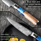 Damascus stainless steel chef knife with blue resin and wood handle, sharp and heat treated.