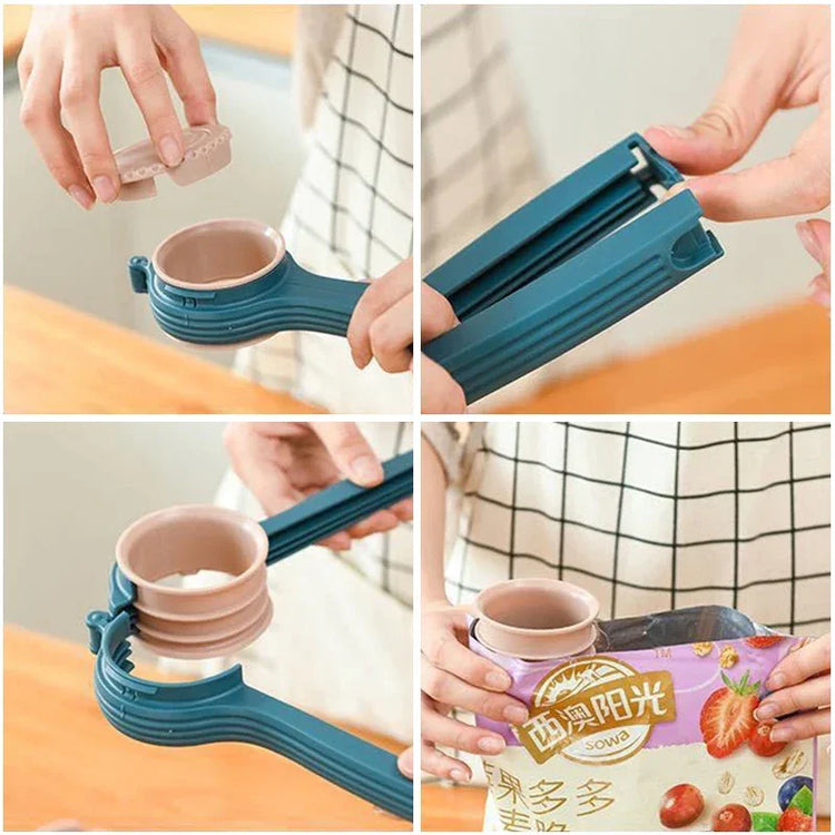 Collaged images showing a person assembling and using a blue plastic adjustable bag clip and pouring spout in a kitchen.
