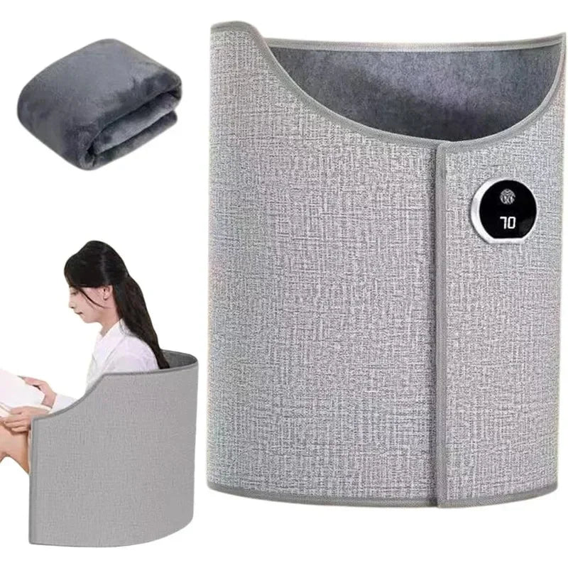 Grey fabric heated wrap with digital controller, soft material, ergonomic fit for comfort