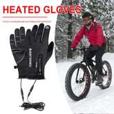 Black heated winter gloves with zipper and touchscreen feature, designed for cycling in snow.