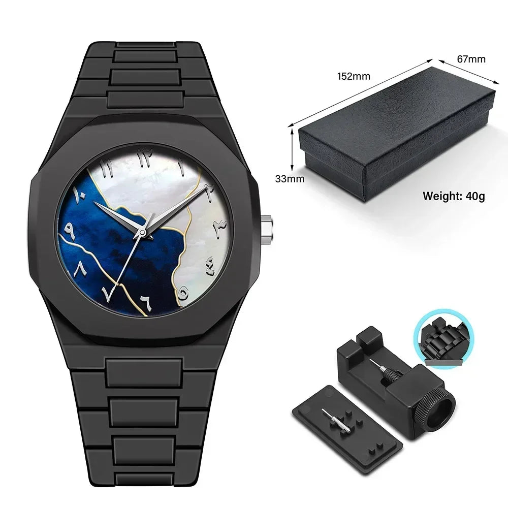 Black metal wristwatch with abstract blue and white dial, Arabic numerals, and adjustable band.