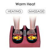 Feet in a red heated foot massager with soft fabric and ergonomic fit, showing massage nodes.