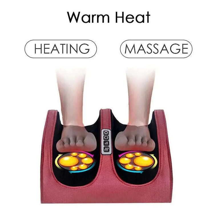 Feet in a red heated foot massager with soft fabric and ergonomic fit, showing massage nodes.