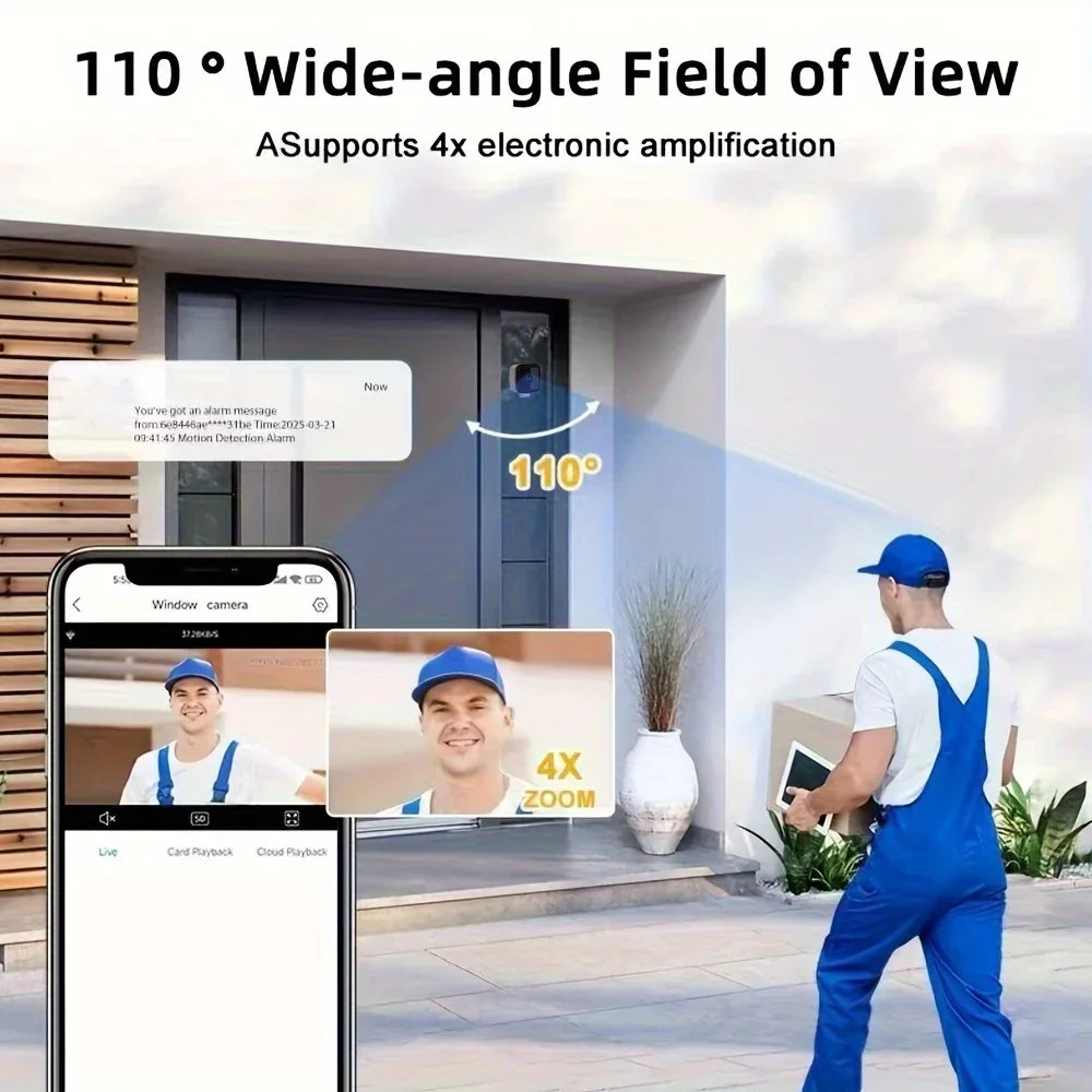 Man in blue coveralls and cap delivering package at modern door, wide-angle camera view, outdoor streetwear.