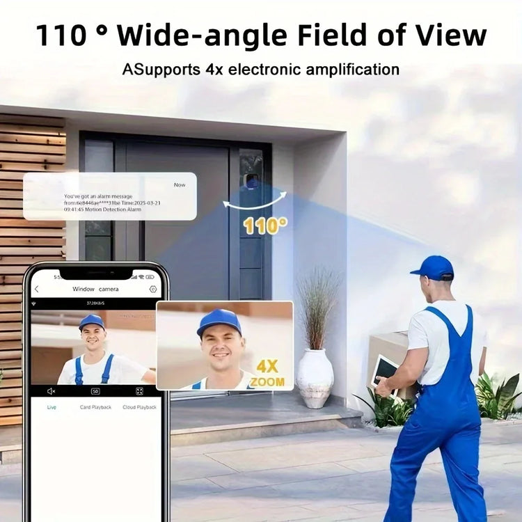 Man in blue coveralls and cap delivering package at modern door, wide-angle camera view, outdoor streetwear.