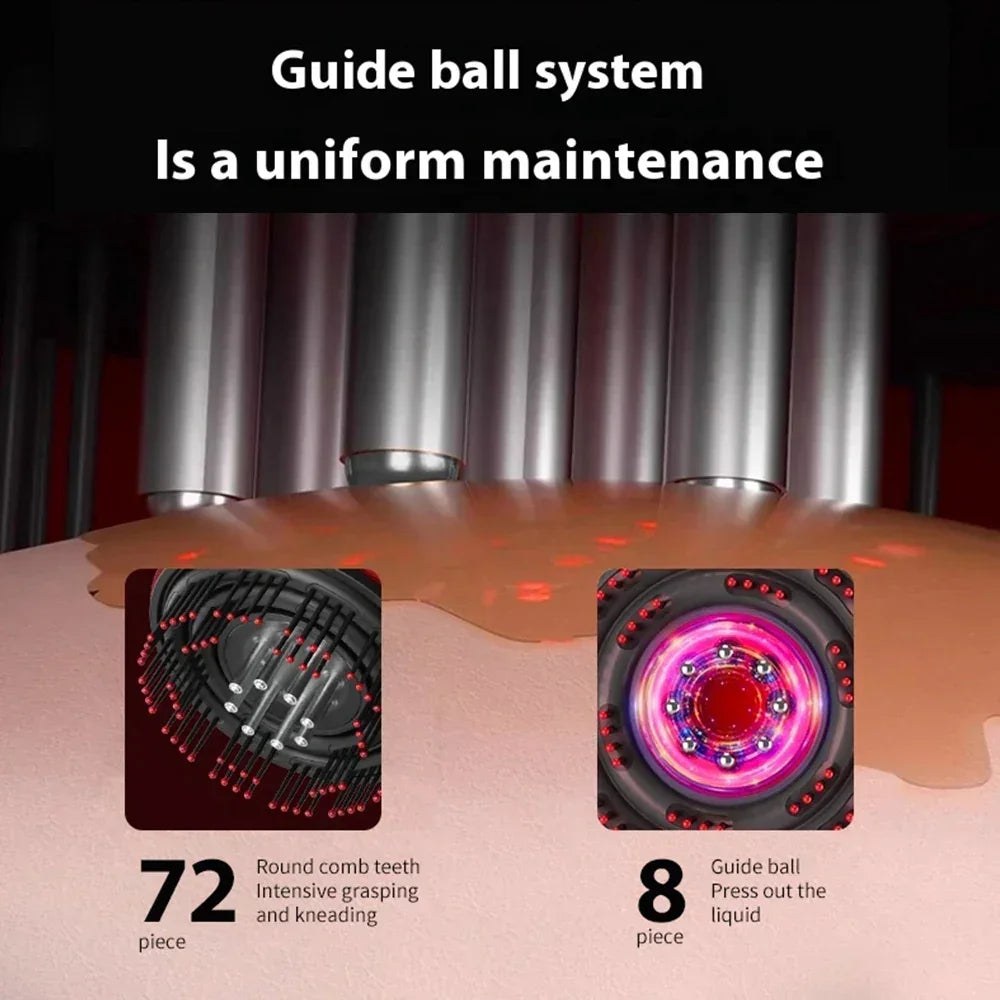 Close-up of a guide ball system with metallic massage rollers on skin, showing 72 round comb teeth for grasping and 8 guide balls for liquid application.