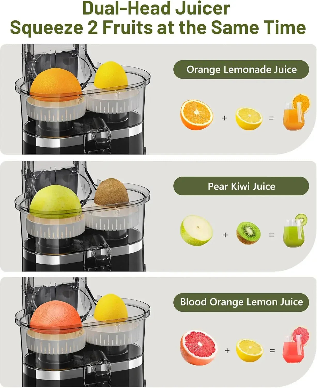 Dual-head juicer squeezing orange, lemon, pear, kiwi, blood orange for fresh juice ideas.
