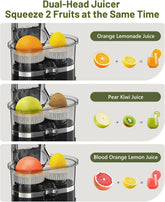 Dual-head juicer squeezing orange, lemon, pear, kiwi, blood orange for fresh juice ideas.