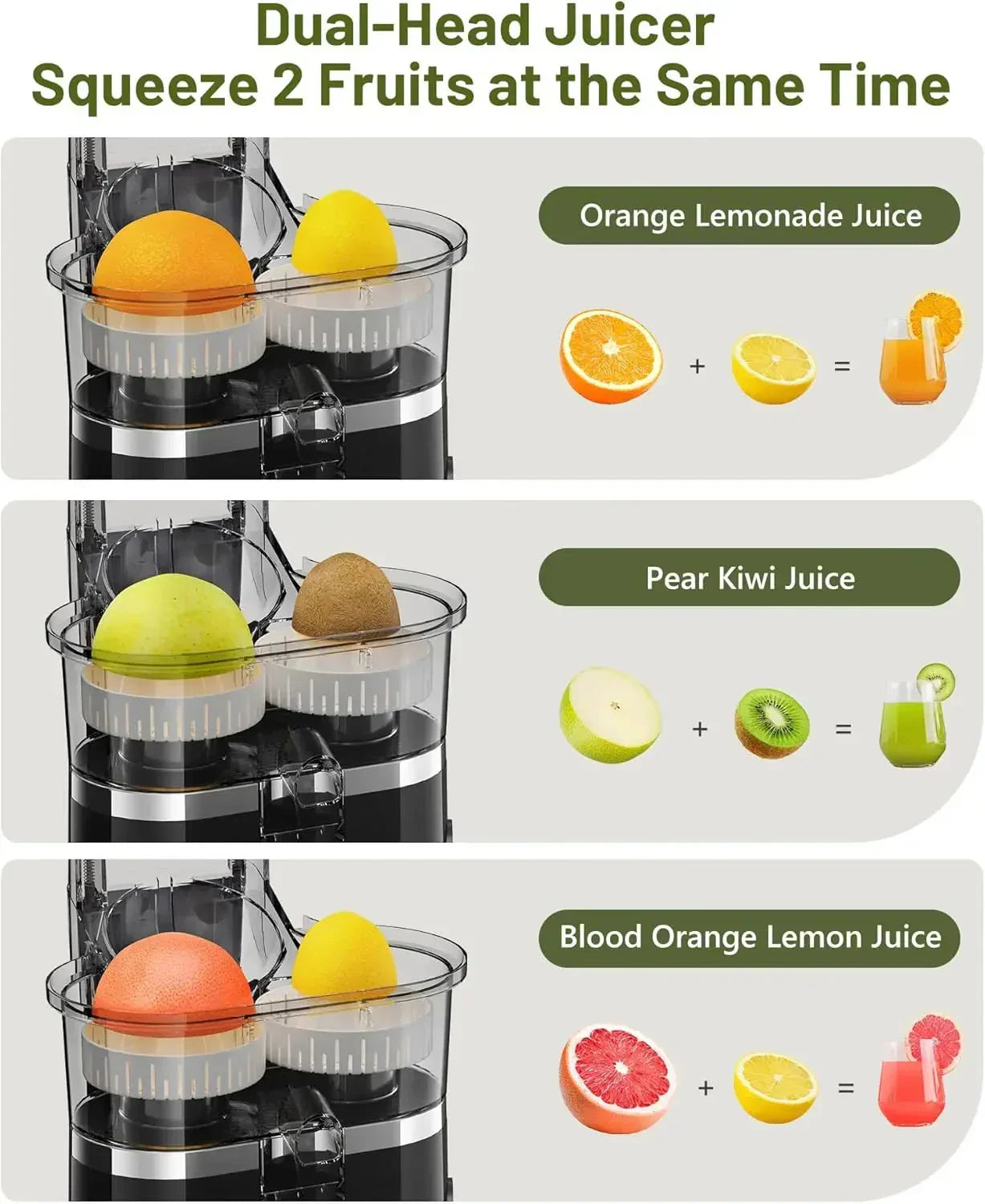 Dual-head juicer squeezing orange, lemon, pear, kiwi, blood orange for fresh juice ideas.