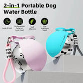 Pink and blue portable dog water bottles with soft silicone sleeves, stainless steel body, leak-proof design, and carry straps on display.