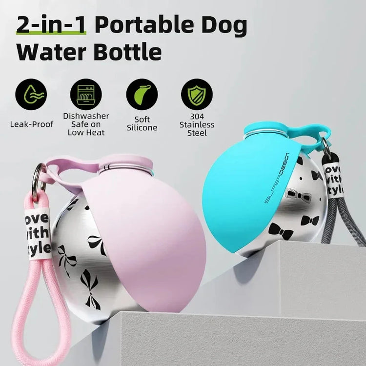 Pink and blue portable dog water bottles with soft silicone sleeves, stainless steel body, leak-proof design, and carry straps on display.