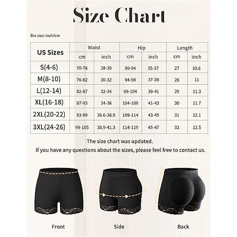 Black lace-trimmed high-waisted shorts size chart with front, side, and back fit views