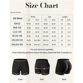 Black lace-trimmed high-waisted shorts size chart with front, side, and back fit views