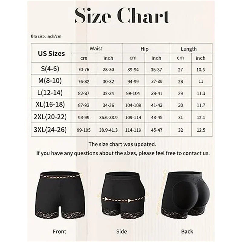 Black lace-trimmed high-waisted shorts size chart with front, side, and back fit views