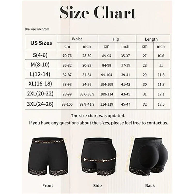 Black lace-trimmed high-waisted shorts size chart with front, side, and back fit views