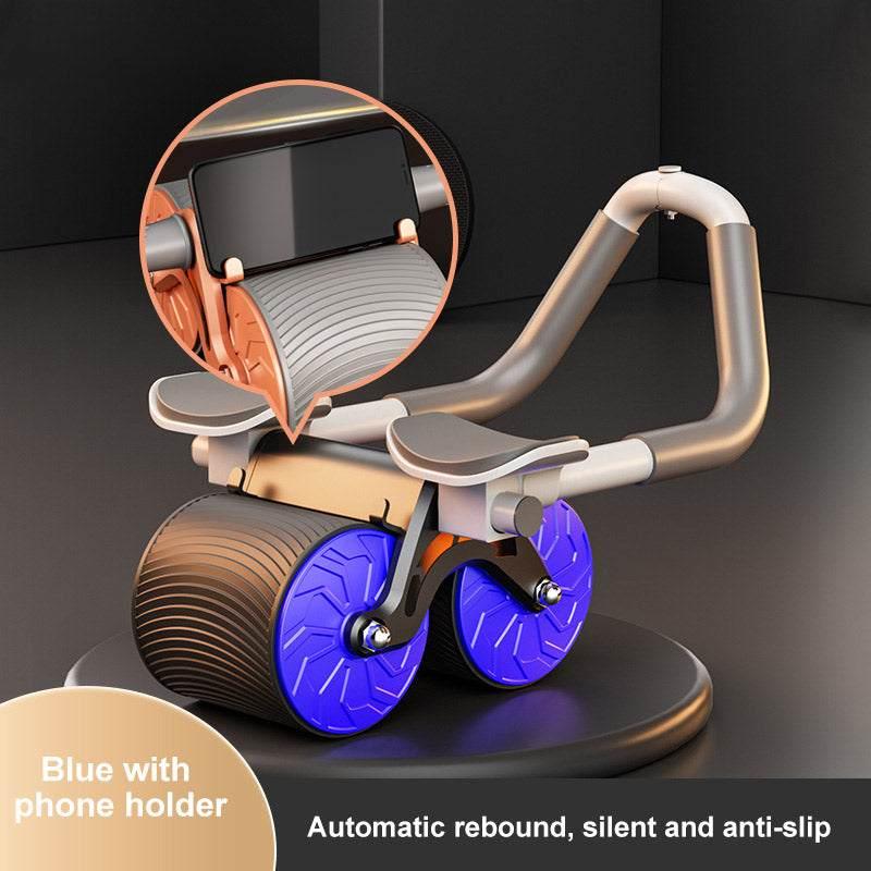Blue ab roller with phone holder, dual wheels, anti-slip design, automatic rebound, fitness equipment