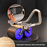 Blue ab roller with phone holder, dual wheels, anti-slip design, automatic rebound, fitness equipment