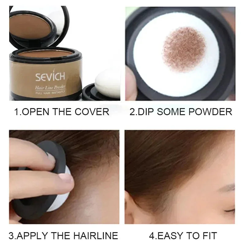 Step-by-step guide using brown hairline powder with applicator for natural hair coverage