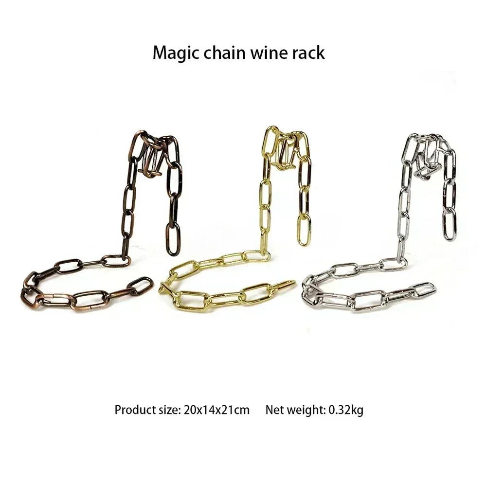 Metal chain wine racks in bronze, gold, and silver colors, sturdy and modern design.