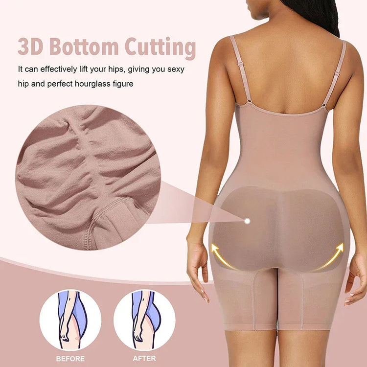 Seamless nude shapewear bodysuit with adjustable straps and 3D bottom lifting design for women