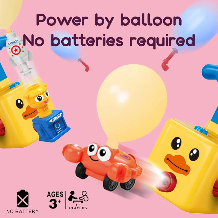 Yellow duck-shaped balloon-powered toy car launcher with smiling orange car, suitable for ages 3 and up, no batteries needed.
