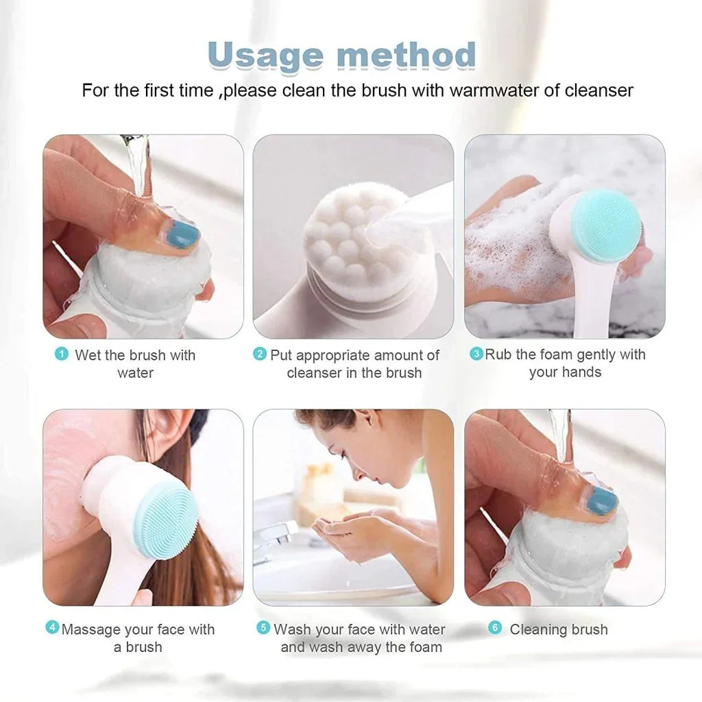Step-by-step instructions for using a soft silicone facial cleansing brush with gentle foam.