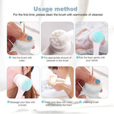 Step-by-step instructions for using a soft silicone facial cleansing brush with gentle foam.