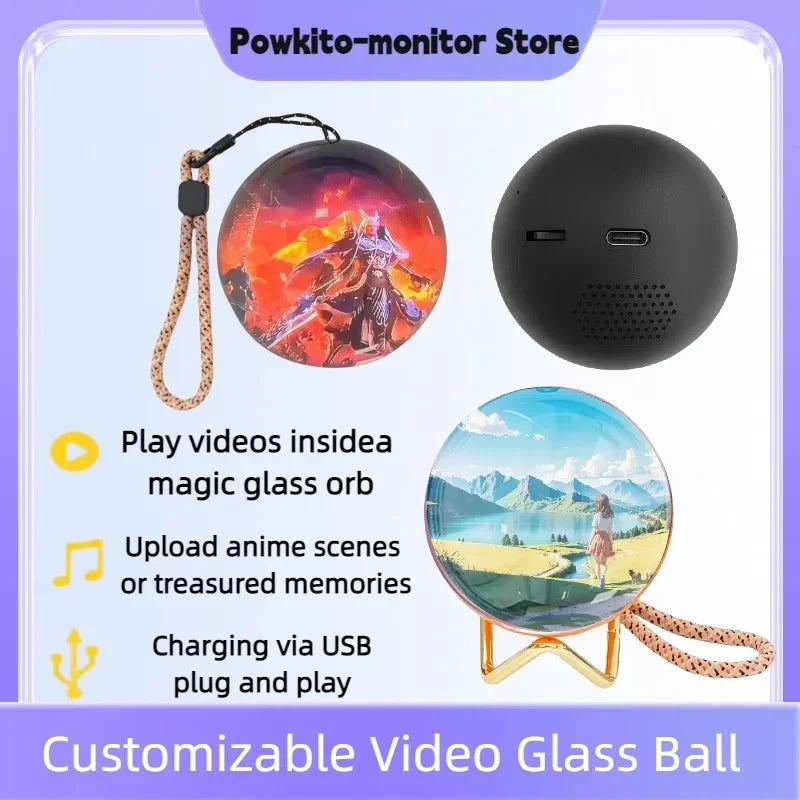 Customizable glass orb video player with USB charging, featuring anime and nature scenes.