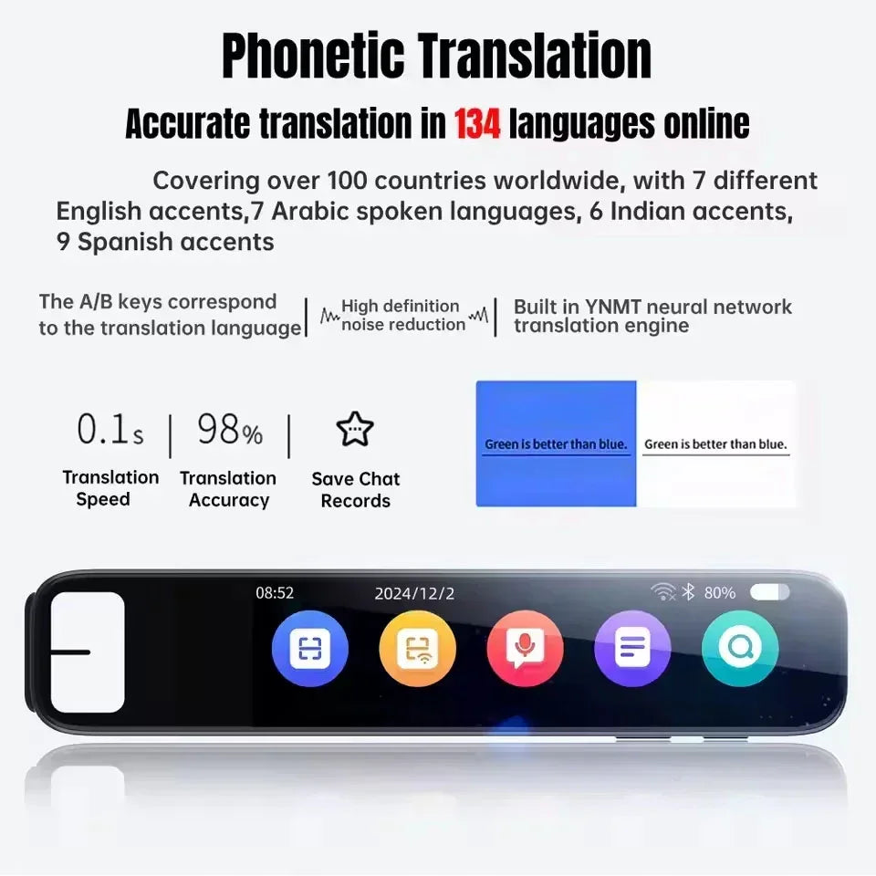 Digital handheld translator device with sleek design, color touchscreen, and language translation icons