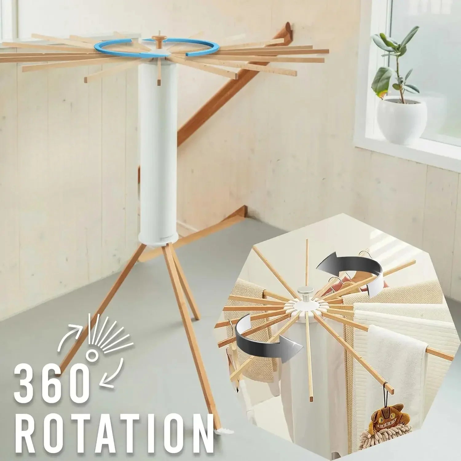 Modern wooden and white rotating clothes drying rack with 360-degree rotation feature, tripod base, suitable for indoor laundry.