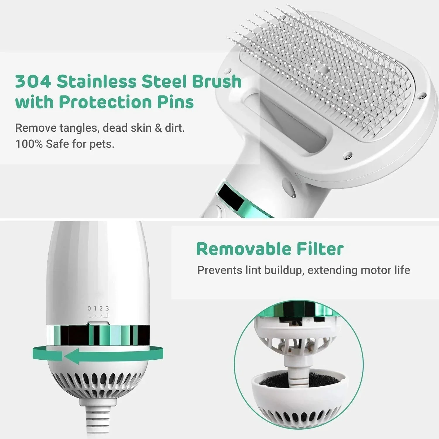 White and silver pet grooming brush with stainless steel pins and removable filter, ergonomic design.