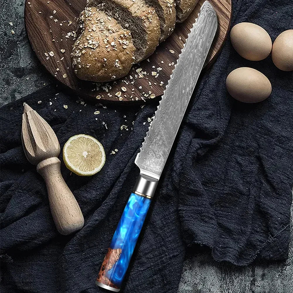 Serrated bread knife with blue resin handle, artisan loaf, eggs, and lemon on dark cloth.