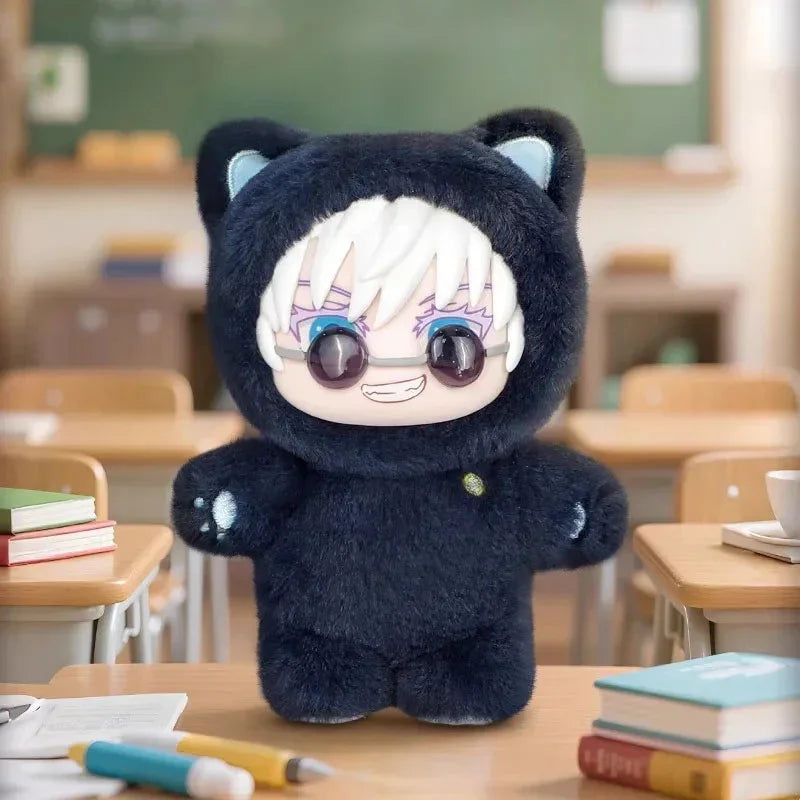 Plush doll in soft black cat-eared hoodie, relaxed fit, displayed on classroom desk