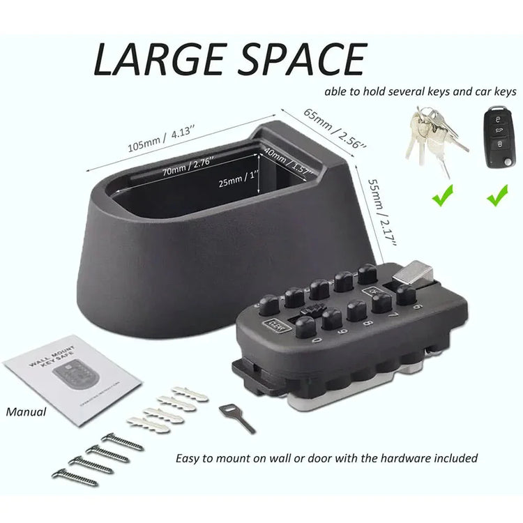 Black wall mount key safe with combination lock, large storage space, and installation hardware.