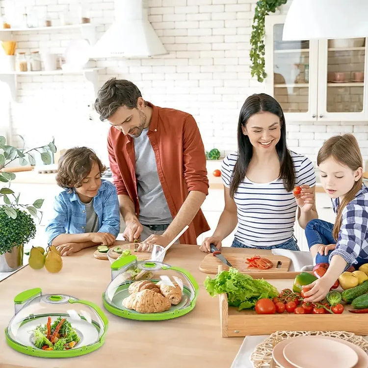 Family in casual, modern streetwear preparing fresh vegetables in a bright kitchen