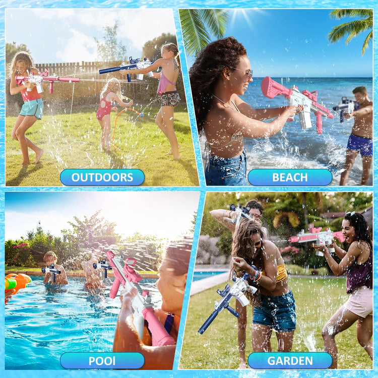 Group of people outdoors in summer clothing using colorful water guns in pool, garden, and beach settings.