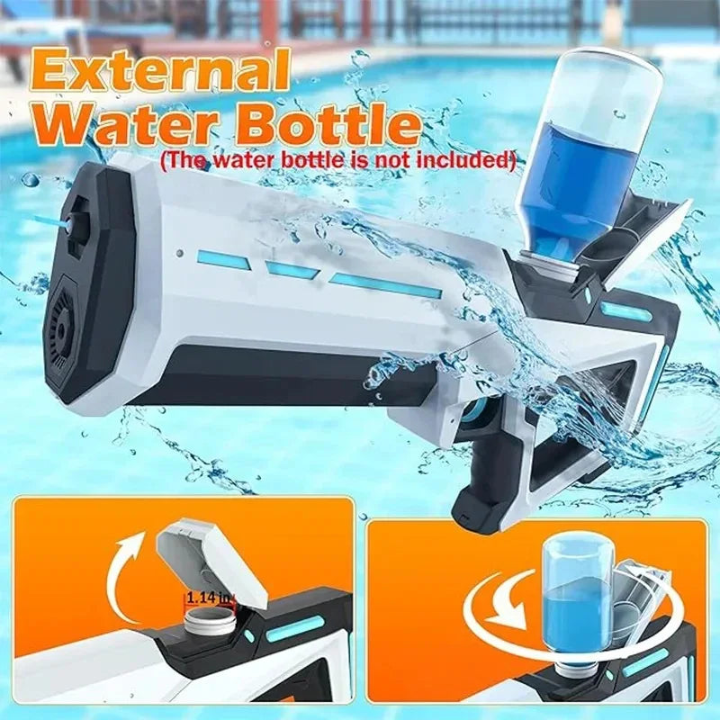 White and black futuristic water gun with external water bottle, pool background, plastic build.