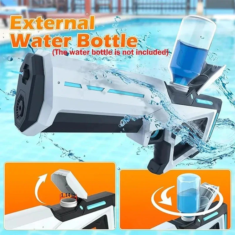 White and black futuristic water gun with external water bottle, pool background, plastic build.