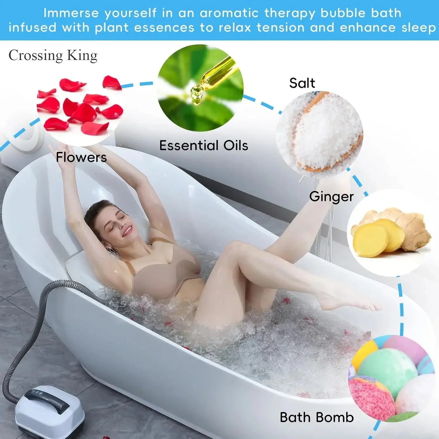 Woman relaxing in a bubble bath wearing a nude bikini, surrounded by rose petals, with salt, ginger, bath bombs, and essential oils highlighted for aromatherapy bath benefits.