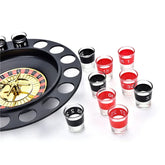 Roulette drinking game set with black and red numbered shot glasses on white background