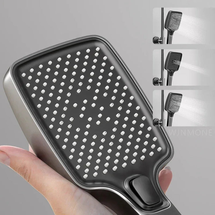 Rectangular handheld shower head in matte black with multiple spray settings, modern design