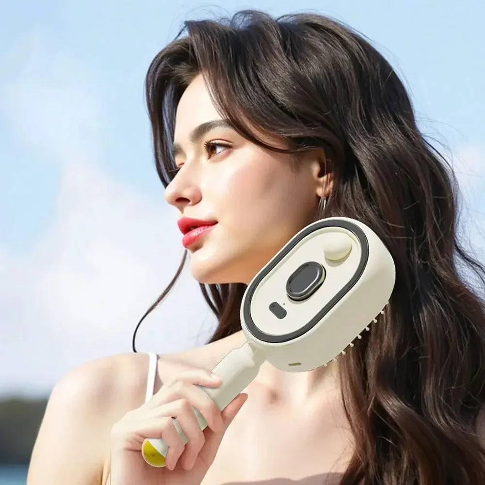 Woman in sleeveless light top holding a white handheld brush, outdoor setting