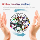 Hands controlling gesture-sensitive flying orb toy with LED lights, black mesh cage design.