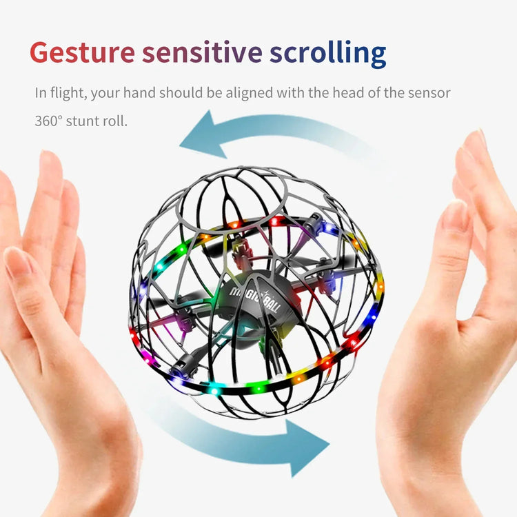 Hands controlling gesture-sensitive flying orb toy with LED lights, black mesh cage design.