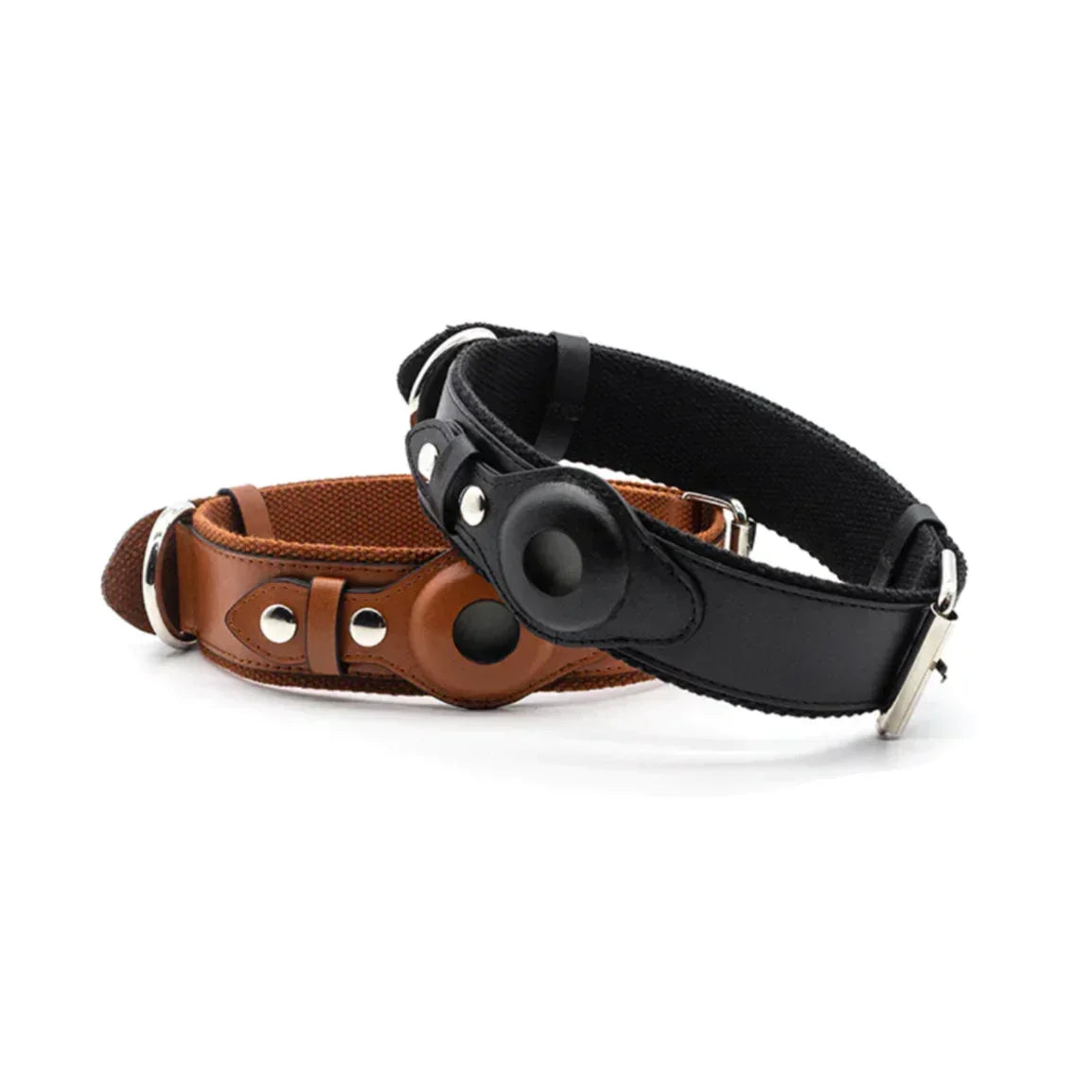 Brown and black adjustable collars with metal buckles and faux leather detailing
