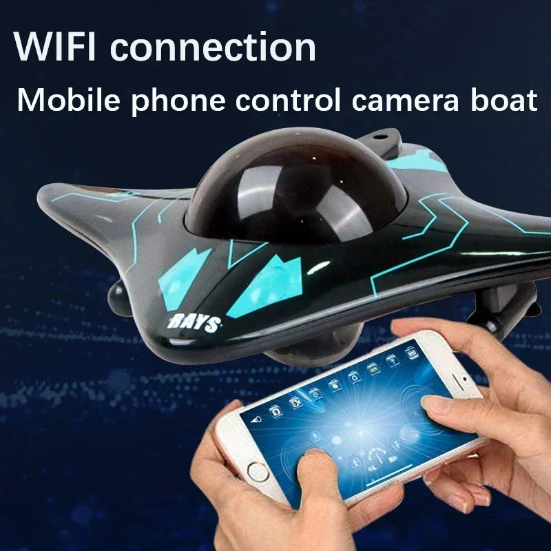 Black and blue remote control camera boat with glossy finish, operated via smartphone app.